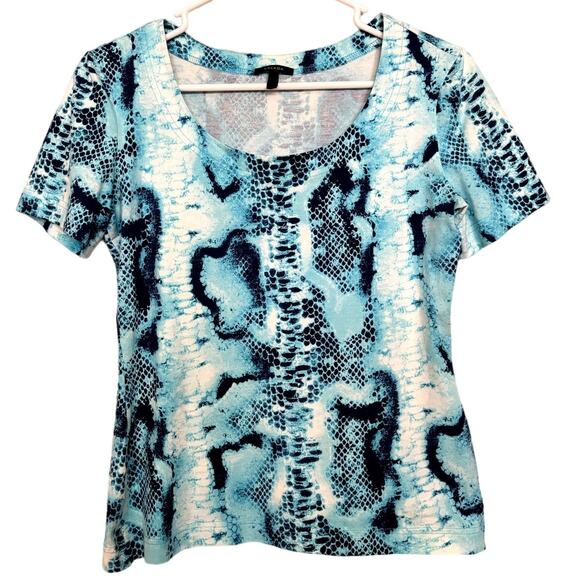 Escada Blue Snakeskin Short‎ Sleeve Round Crew Neck Tee Shirt Size 36 - Picture 1 of 10